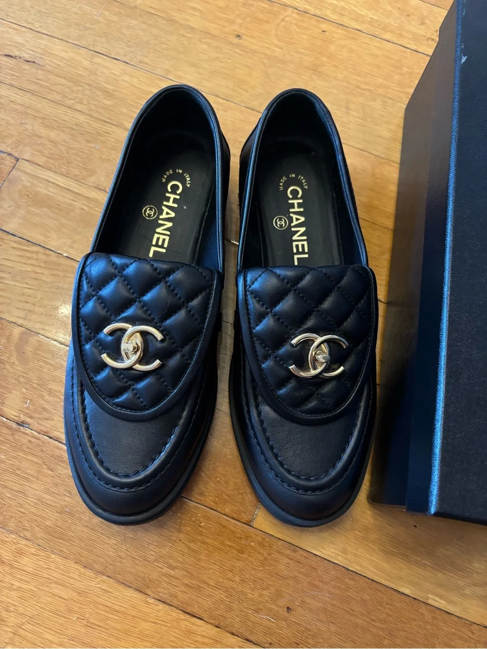 CHANEL Black Quilted Leather Slip-On Loafers with Gold CC Hardware
